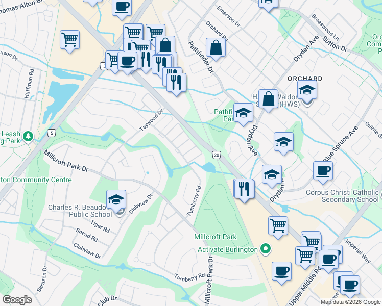 map of restaurants, bars, coffee shops, grocery stores, and more near Appleby Line in Burlington