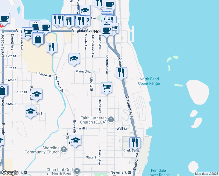 map of restaurants, bars, coffee shops, grocery stores, and more near 2380 Sherman Avenue in North Bend