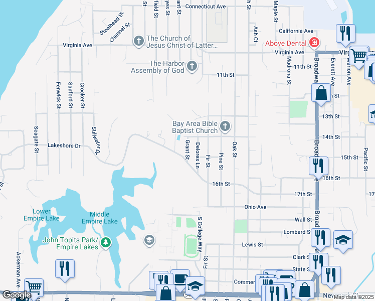 map of restaurants, bars, coffee shops, grocery stores, and more near 2440 Grant Street in North Bend