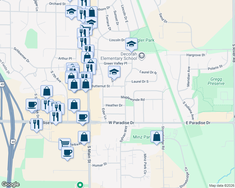 map of restaurants, bars, coffee shops, grocery stores, and more near 227 Butternut Street in West Bend