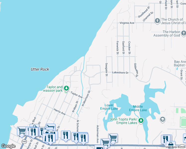 map of restaurants, bars, coffee shops, grocery stores, and more near 1120 Lakeshore Drive in Coos Bay