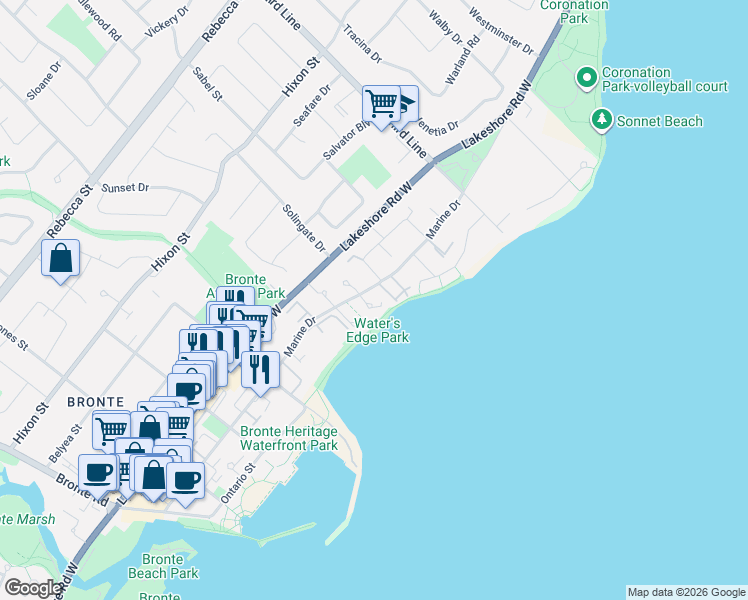 map of restaurants, bars, coffee shops, grocery stores, and more near 1 Sarah Lane in Oakville