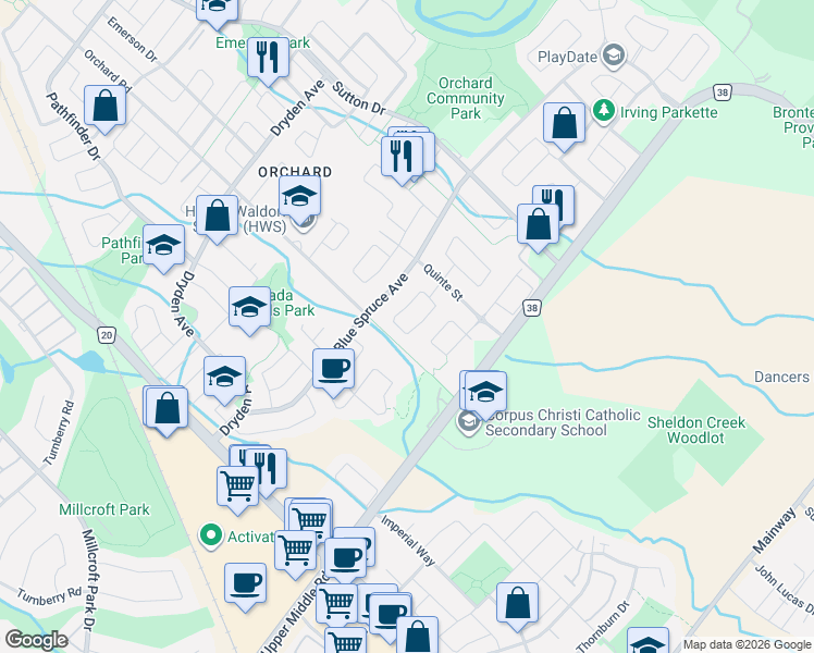 map of restaurants, bars, coffee shops, grocery stores, and more near 5253 Nova Crescent in Burlington