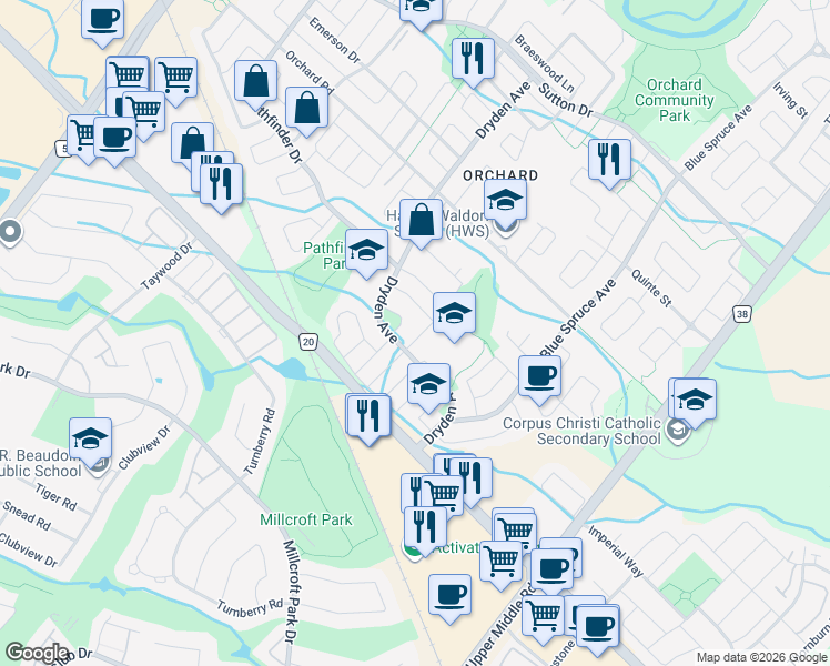 map of restaurants, bars, coffee shops, grocery stores, and more near 5141 Brada Crescent in Burlington