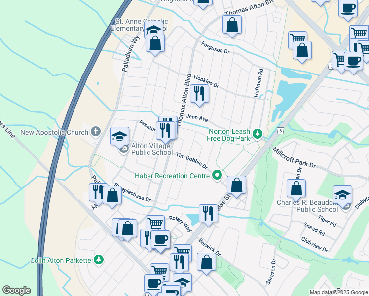 map of restaurants, bars, coffee shops, grocery stores, and more near 4268 Murvel Avenue in Burlington