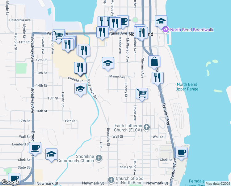 map of restaurants, bars, coffee shops, grocery stores, and more near 1074 Oregon Avenue in North Bend