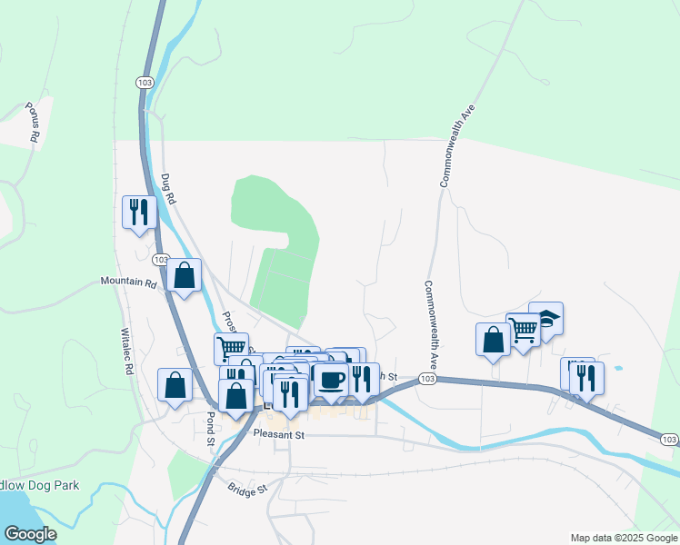map of restaurants, bars, coffee shops, grocery stores, and more near 12 Gill Terrace in Ludlow