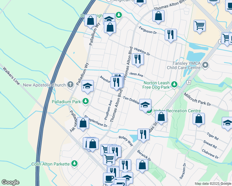 map of restaurants, bars, coffee shops, grocery stores, and more near 4265 Thomas Alton Boulevard in Burlington