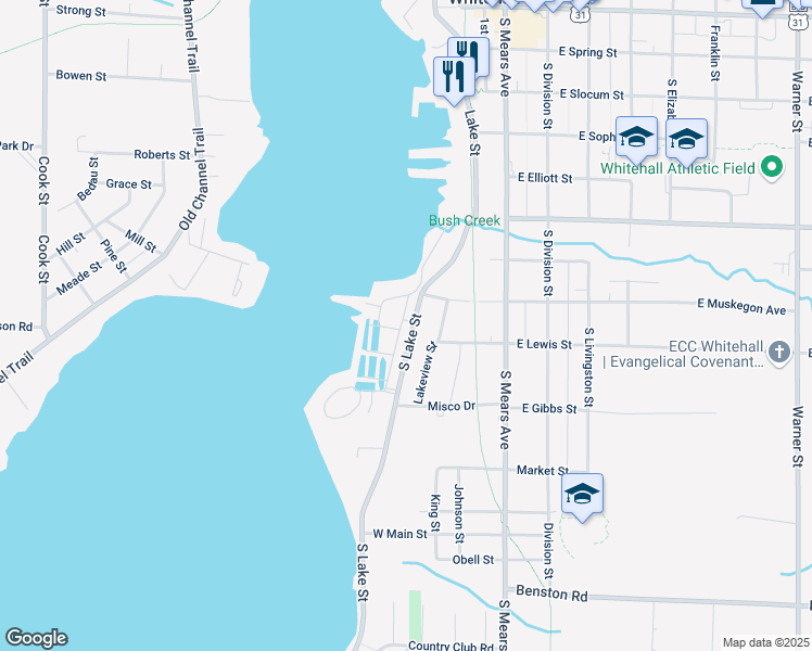 map of restaurants, bars, coffee shops, grocery stores, and more near 815 South Lake Street in Whitehall
