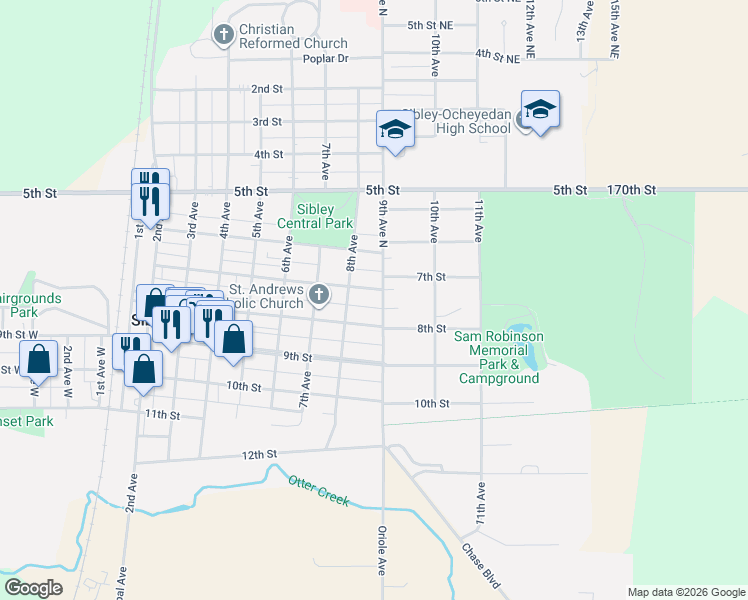 map of restaurants, bars, coffee shops, grocery stores, and more near 812-826 7th Street in Sibley