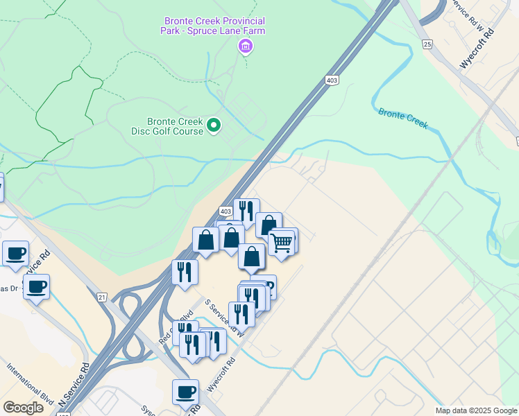 map of restaurants, bars, coffee shops, grocery stores, and more near 3280 South Service Road West in Oakville