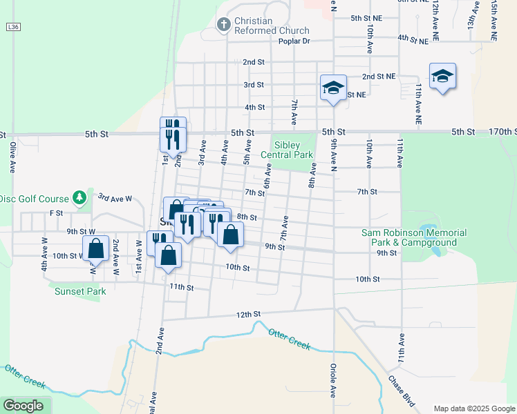 map of restaurants, bars, coffee shops, grocery stores, and more near 715 6th Avenue in Sibley