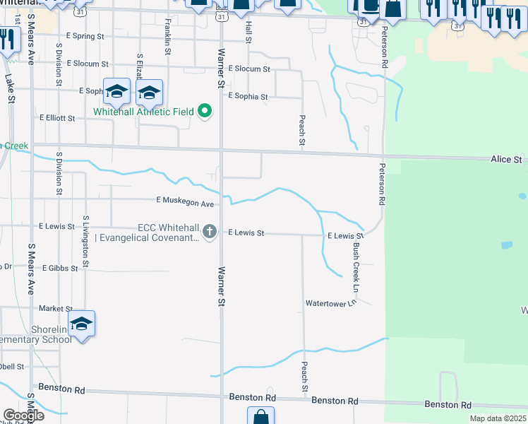 map of restaurants, bars, coffee shops, grocery stores, and more near 916 East Lewis Street in Whitehall