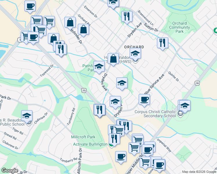 map of restaurants, bars, coffee shops, grocery stores, and more near 2203 Prescott Place in Burlington