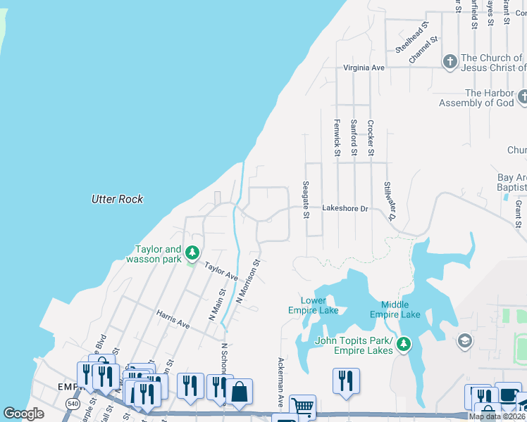 map of restaurants, bars, coffee shops, grocery stores, and more near 930 Lake Court in Coos Bay