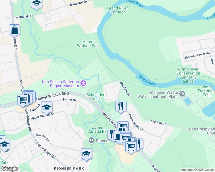 map of restaurants, bars, coffee shops, grocery stores, and more near Huron Road in Kitchener