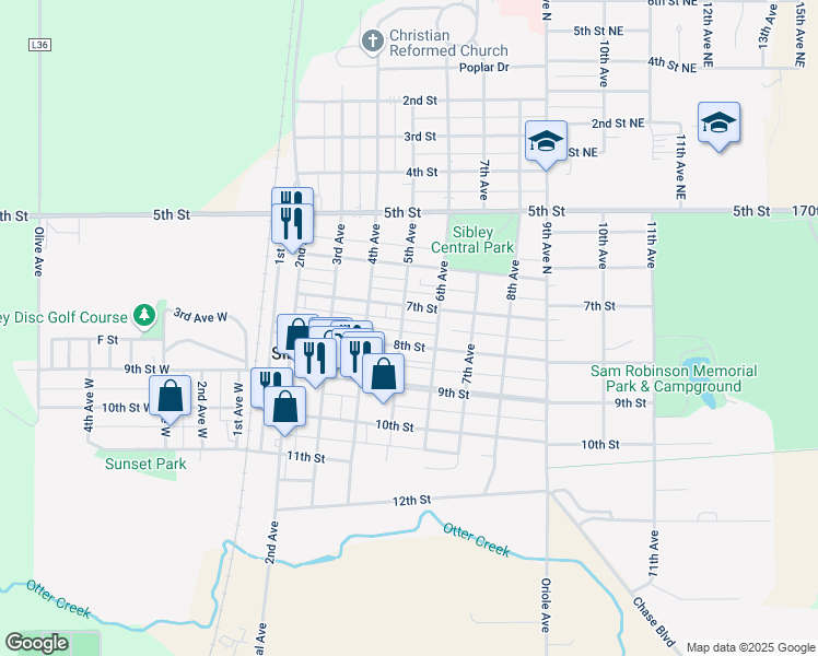 map of restaurants, bars, coffee shops, grocery stores, and more near 715 6th Avenue in Sibley