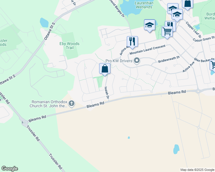 map of restaurants, bars, coffee shops, grocery stores, and more near 47 Isaiah Drive in Kitchener