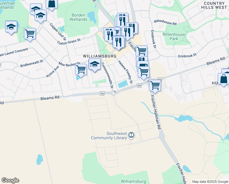 map of restaurants, bars, coffee shops, grocery stores, and more near 1425 Bleams Road in Kitchener