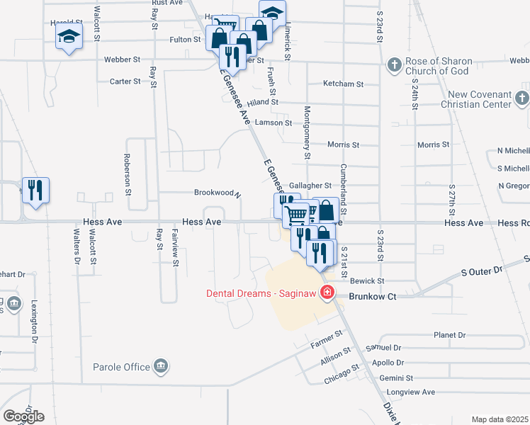 map of restaurants, bars, coffee shops, grocery stores, and more near 3417 East Genesee Avenue in Saginaw