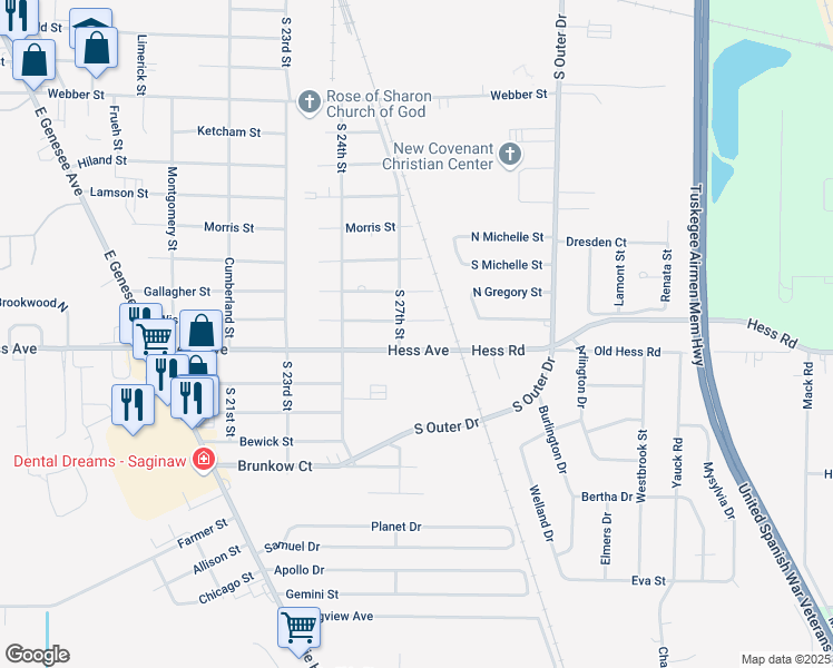 map of restaurants, bars, coffee shops, grocery stores, and more near 4502 Wisner Street in Saginaw