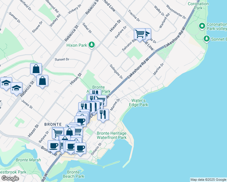 map of restaurants, bars, coffee shops, grocery stores, and more near 2230 Lakeshore Road West in Oakville