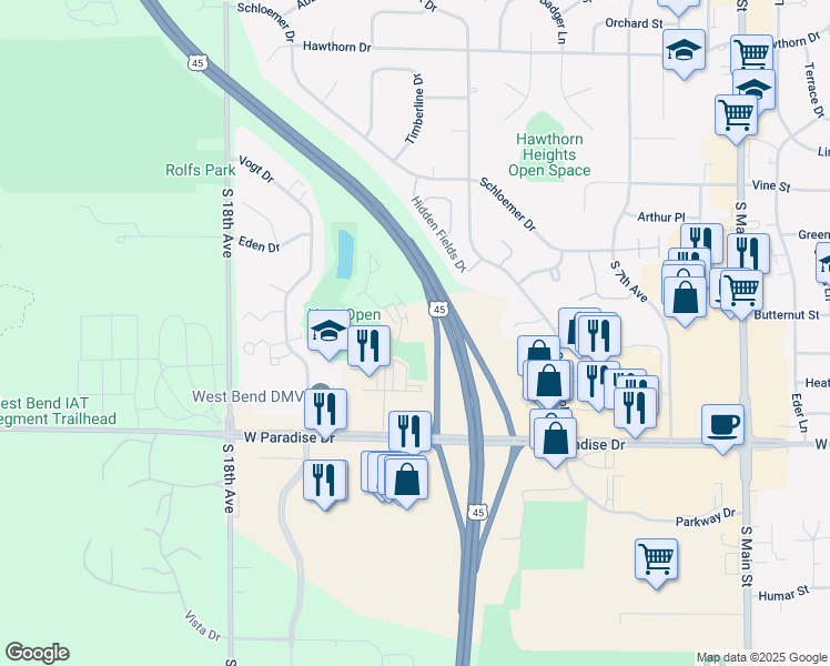 map of restaurants, bars, coffee shops, grocery stores, and more near 1517 Clarence Court in West Bend