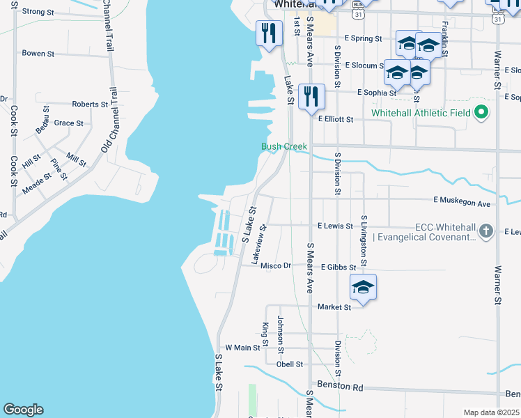 map of restaurants, bars, coffee shops, grocery stores, and more near 815 South Lake Street in Whitehall