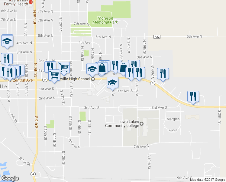 map of restaurants, bars, coffee shops, grocery stores, and more near 99 South 17th Street in Estherville