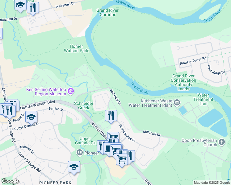 map of restaurants, bars, coffee shops, grocery stores, and more near 44 Mill Park Drive in Kitchener