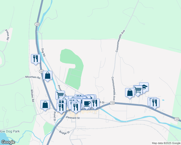 map of restaurants, bars, coffee shops, grocery stores, and more near 12 Gill Terrace in Ludlow