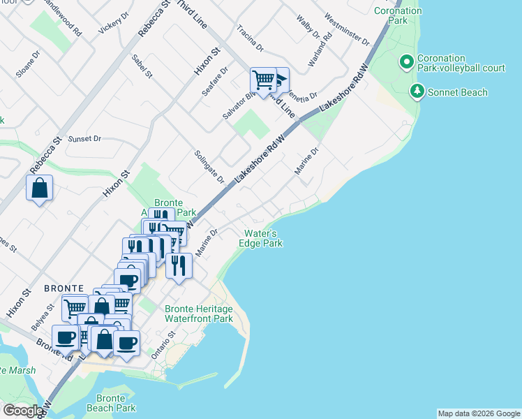 map of restaurants, bars, coffee shops, grocery stores, and more near 2120 Marine Drive in Oakville