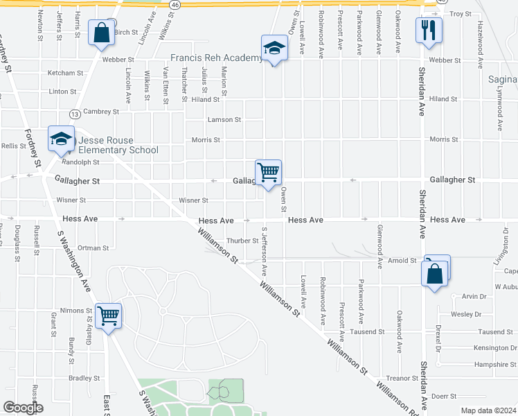 map of restaurants, bars, coffee shops, grocery stores, and more near 2809 South Jefferson Avenue in Saginaw