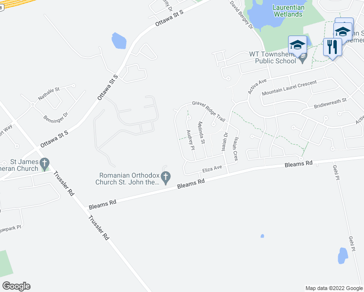 map of restaurants, bars, coffee shops, grocery stores, and more near 149 Gravel Ridge Trail in Kitchener