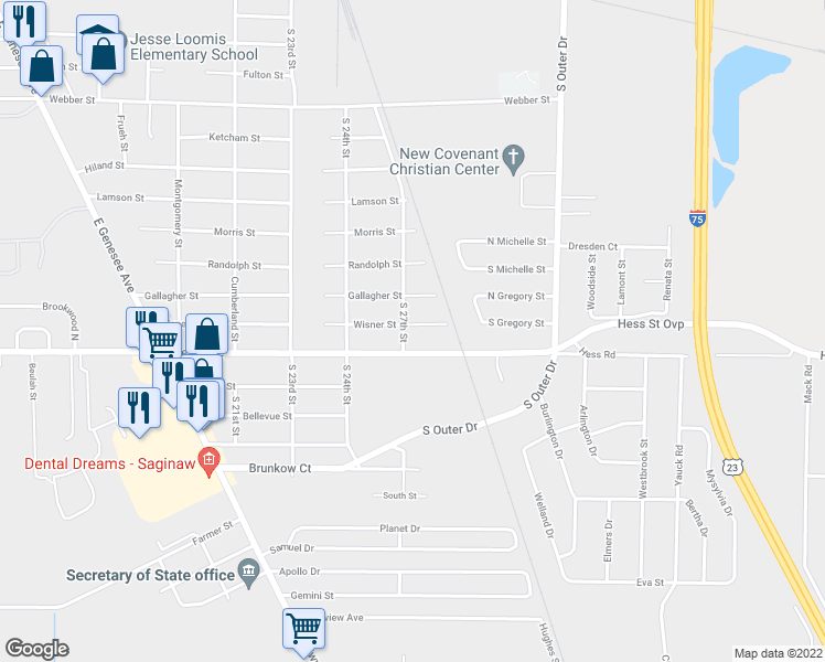 map of restaurants, bars, coffee shops, grocery stores, and more near 4502 Wisner Street in Saginaw