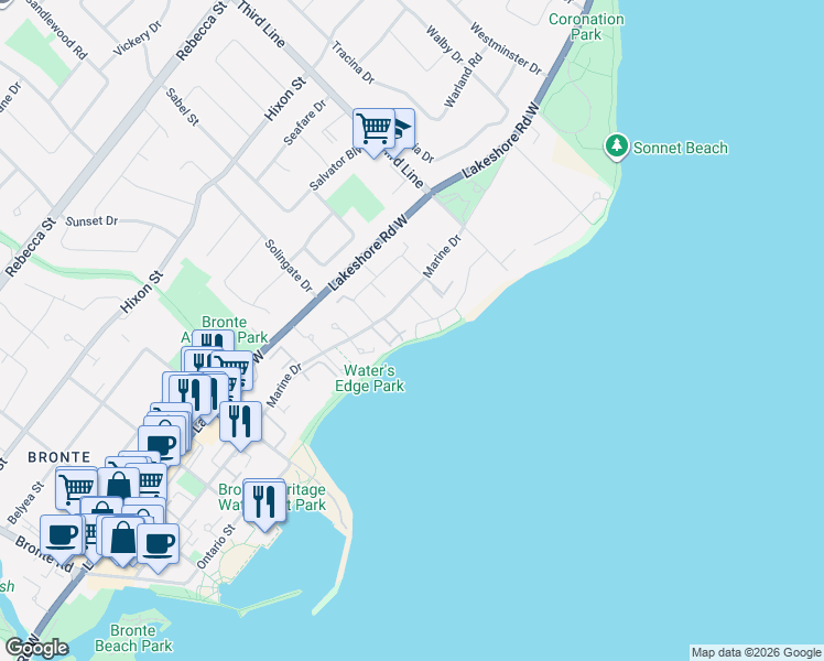 map of restaurants, bars, coffee shops, grocery stores, and more near 2094 Waters Edge Drive in Oakville