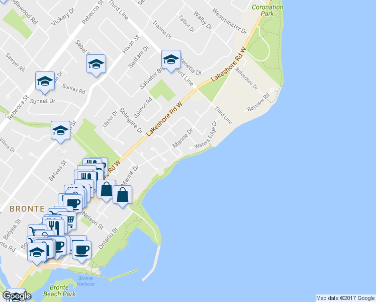 map of restaurants, bars, coffee shops, grocery stores, and more near in Oakville