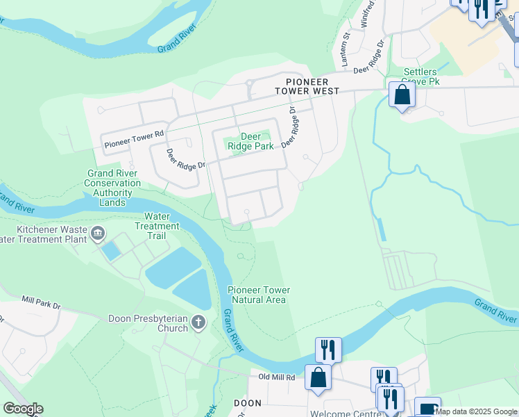 map of restaurants, bars, coffee shops, grocery stores, and more near 14 Langton Drive in Kitchener