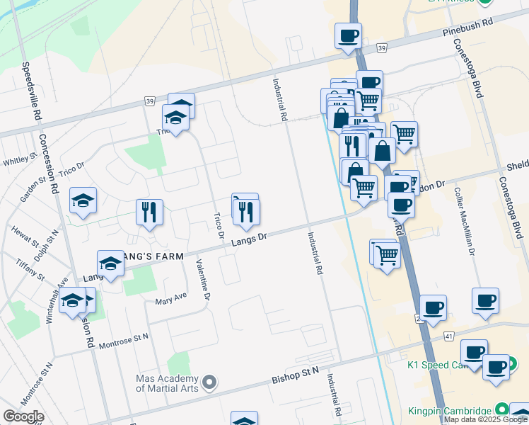 map of restaurants, bars, coffee shops, grocery stores, and more near 891-897 Langs Drive in Cambridge