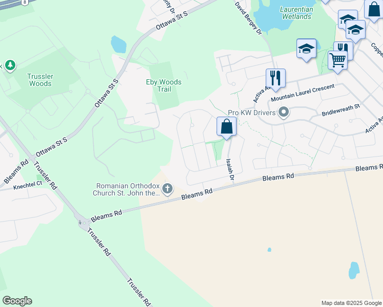 map of restaurants, bars, coffee shops, grocery stores, and more near 149 Gravel Ridge Trail in Kitchener