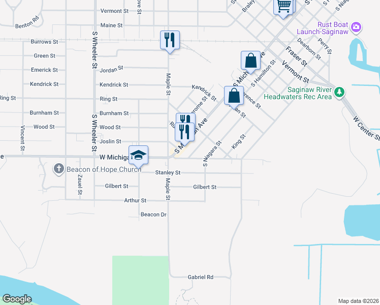 map of restaurants, bars, coffee shops, grocery stores, and more near 2549 South Hamilton Street in Saginaw