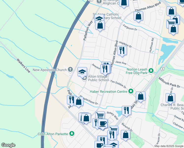 map of restaurants, bars, coffee shops, grocery stores, and more near 4261 Vivaldi Road in Burlington