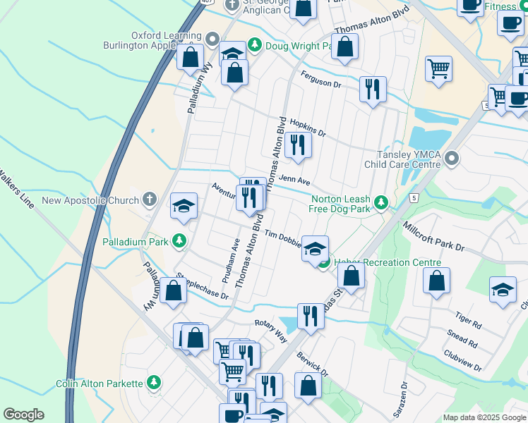 map of restaurants, bars, coffee shops, grocery stores, and more near 4278 Thomas Alton Boulevard in Burlington