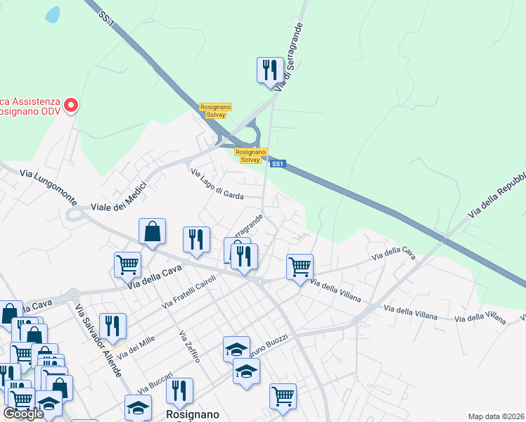 map of restaurants, bars, coffee shops, grocery stores, and more near 56 Via del Cotone in Rosignano Solvay-Castiglioncello