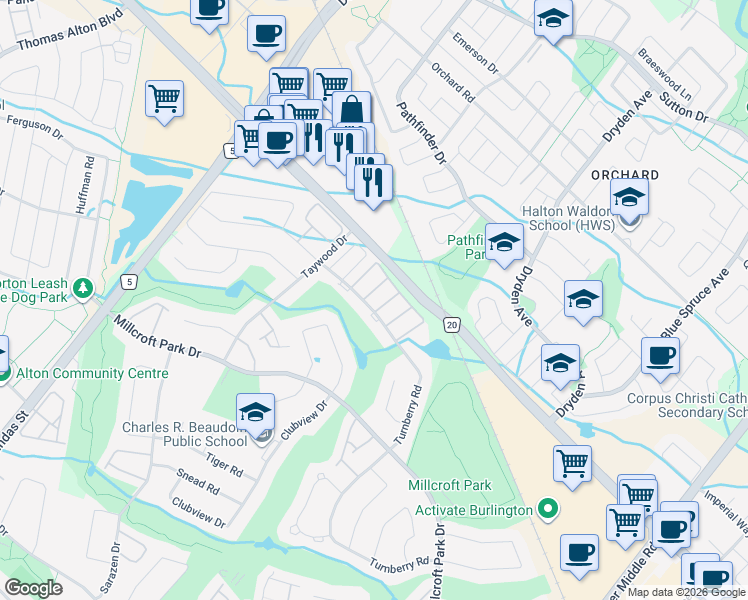 map of restaurants, bars, coffee shops, grocery stores, and more near 2250 Turnberry Road in Burlington