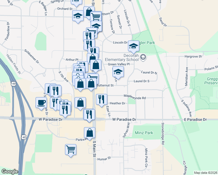 map of restaurants, bars, coffee shops, grocery stores, and more near 253 Butternut Street in West Bend