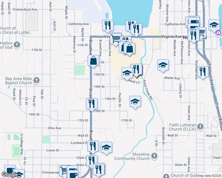 map of restaurants, bars, coffee shops, grocery stores, and more near 2478 Marion Avenue in North Bend