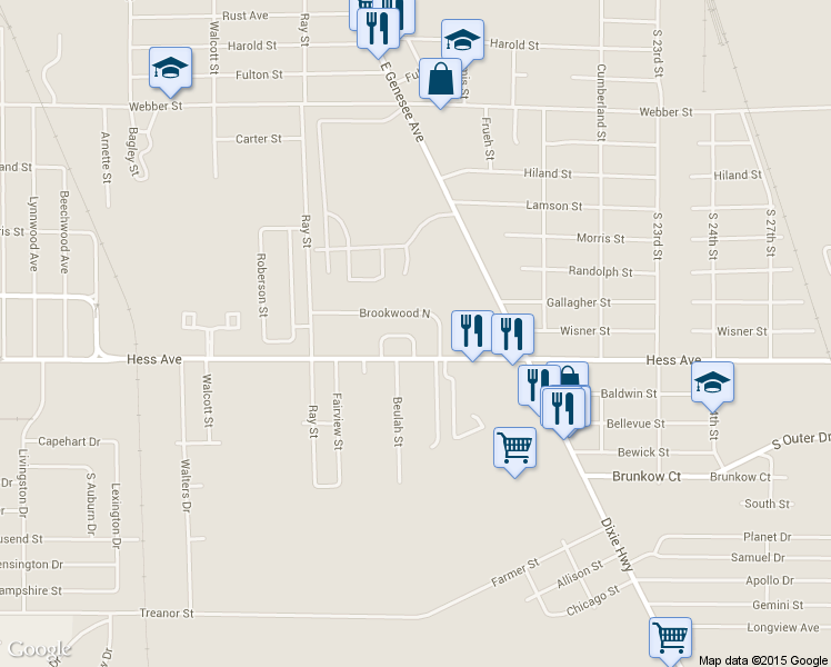 map of restaurants, bars, coffee shops, grocery stores, and more near 17 Brookwood South in Saginaw