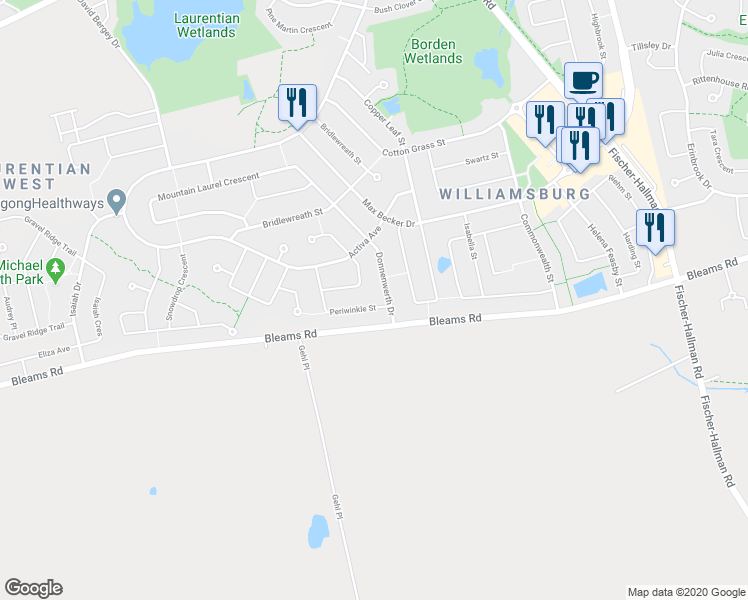 map of restaurants, bars, coffee shops, grocery stores, and more near 7 Periwinkle Street in Kitchener
