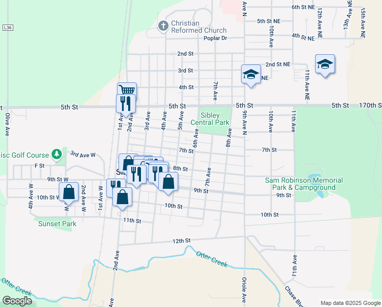map of restaurants, bars, coffee shops, grocery stores, and more near 715 6th Avenue in Sibley